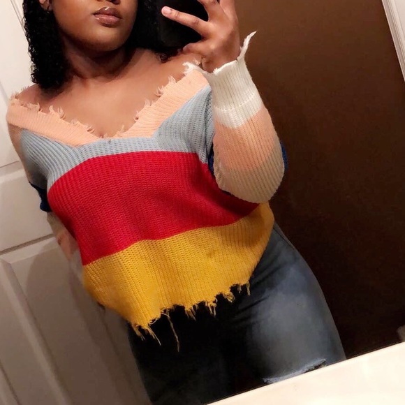 Loose fitting Multi Color Off The Shoulder Sweater - Picture 3 of 3